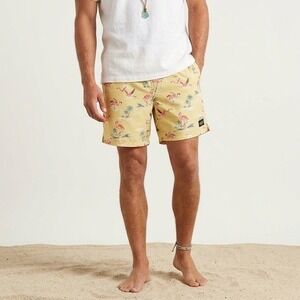 Howler Brothers Horizon Hybrid Shorts Mens L Yellow Flamingo Tropical Print Surf